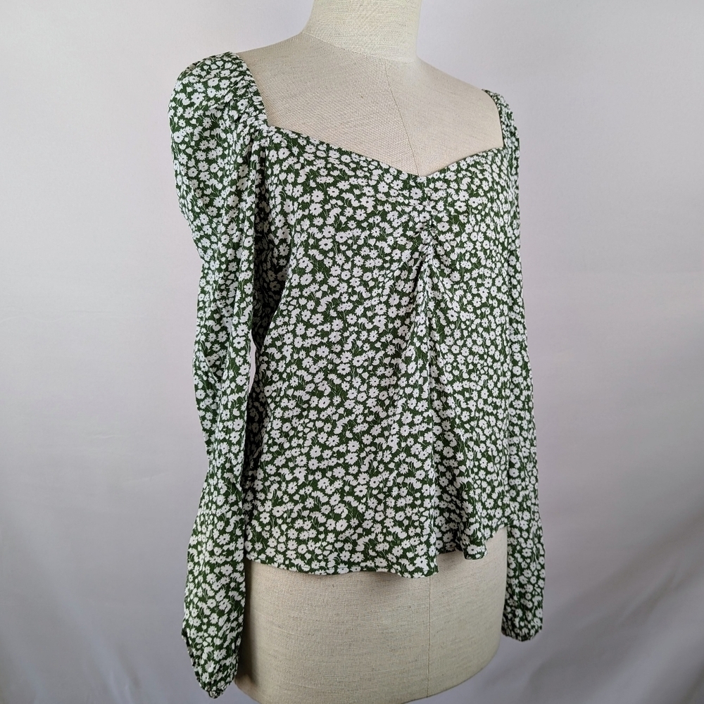 Boden Top Sweetheart Neckline Long Blouson Sleeve Tulip Sprig Print Green 6 NWT - Picture 4 of 14